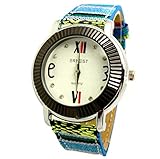 Montre Femme Tissu ethnique Bleue Lin Rayures BCBG Filles Jeans Idée Cadeau