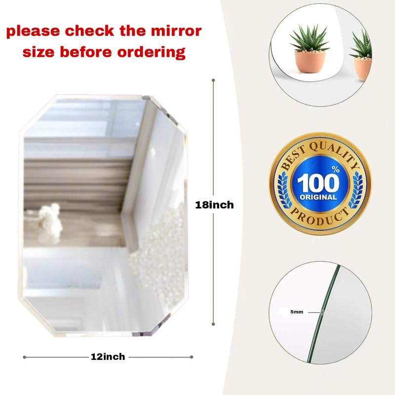 Image of 12x18 Inch Octagonal Frameless Bathroom Mirror - 5mm HD Beveled Glass for Vanity, Hallway & Bedroom - Moisture‑Resistant Decorative Wall Accent