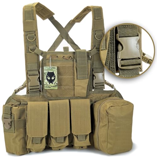 ATAIRSOFT Tactical Airsoft Paintball Vest Outdoor Adjustable Chest Rig with Pouches for Man DE Tan