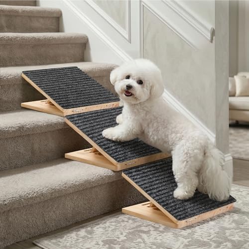 Dog Ramp for Stairs 3 Pack - Adjustable Wooden Stair Wedges for Small Dogs, Foldable Indoor Dog Stair Ramp with Triangular Support and Non-Slip Pads for Senior and Short-Legged Pets by Rayki - Used condition - US$47.49