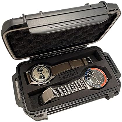 RENITOR 2 Watches Flat Travel Case Storage Box | ABS Ultimate Protection Waterproof Shockproof | Fits all Wristwatches & Smart watches up to 46mm | Cleaning Cloth Included | Black