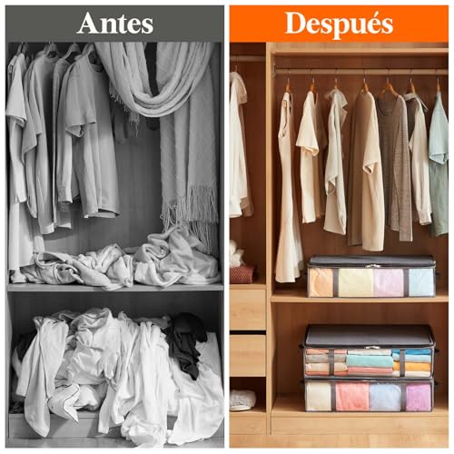 Miniatura 7 de Lifewit Bolsas De Almacenaje Para Debajo De La Cama, Cajas Para Guardar Ropa Con Ventana Transparente Frontal, Organizadore Armario Para Toallas, Mantas, Gris, 40 L, 3 Piezas