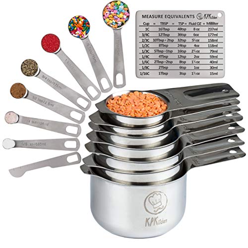 Stainless Steel Measuring Cups and Spoons Set of 16-7 Cup & 7 Spoon + Conversion Chart & Leveler – Kitchen Measuring Spoons and Cups – Dry Measure Cups Stainless Steel & Baking Metal Measuring Cups
