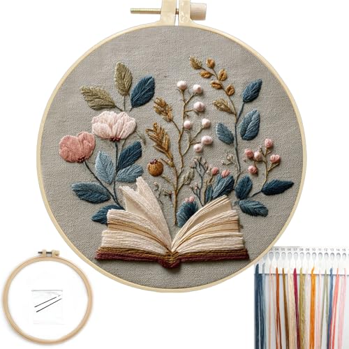 FONNUY Embroidery Kit for Beginners, Flower Book Pre-Stamped Pattern Kits for Adults with Hoop, Cross Stitch Easy to Follow Color Thread Needlework, 8'' Hoop (Brown)