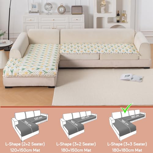Image of HOKIPO Tulip Blossom L Shape (3+3 Seater) Sofa Seat Mat with Tassel| Quilted Sofa Cover Mat, 'Tassel Twigs' Series (IN-986-T4*2)
