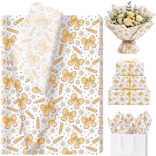 100 Sheets Bow and Pencil Tissue Paper, Pencil Daisy Patterns Wrapping Tissue for Back to School Activities DIY Crafts Preschool Classroom Gift Flower Wrapping Supplies, 13.8 x 19.7 Inch by Fabllewavi - Used condition - US$7.58
