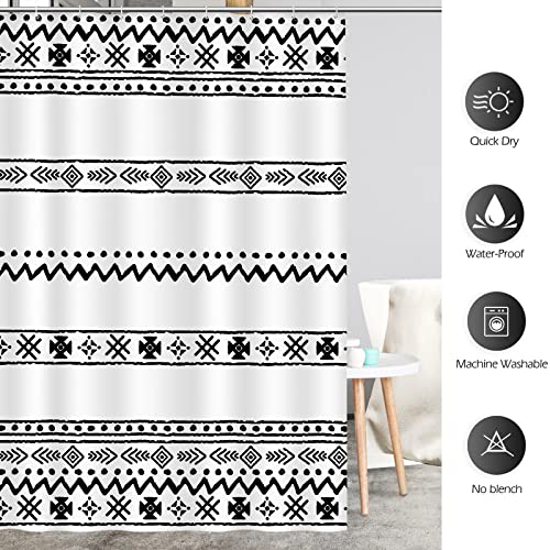 Aimego Boho Shower Curtains Black White Pattern Striped Modern Bohemian Chic Tribal Shower Curtain Set With 12 Hooks For Bathroom Decor Accessories Bathtub Curtain, 72"X72" #TOP4