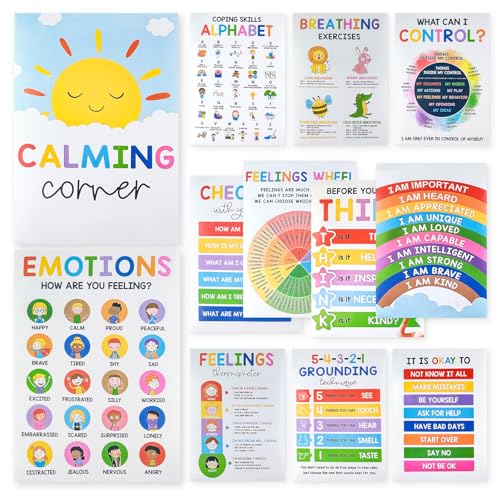 kicder 12 STKS Gevoelens Wiel Grafiek & Kalmerende Hoek Posters 12 STKS, Emoties Poster, Kalmeren Hoek Benodigdheden, Therapie Kantoor Decor, Geestelijke Gezondheid Posters