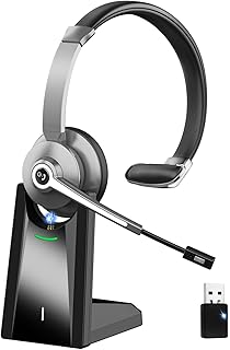 Bluetooth Headphones, Wireless Headset with Microphone Noise Canceling & USB Dongle, On Ear Headphones with Charging Dock,…