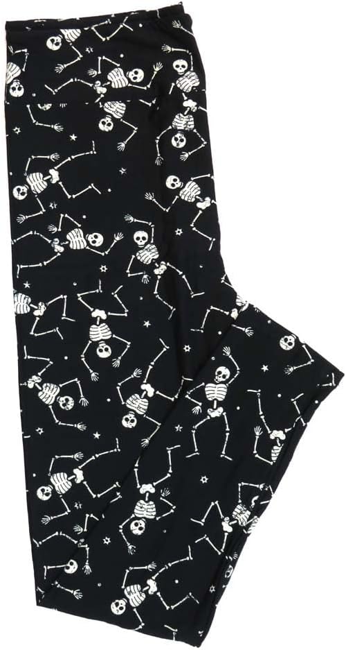 Lularoe One Size (OS) Halloween Partying Skeletons Waving Polka Dot Stars Black White Buttery Soft Leggings 4433-A20 879213 fits Adult Sizes 2-10