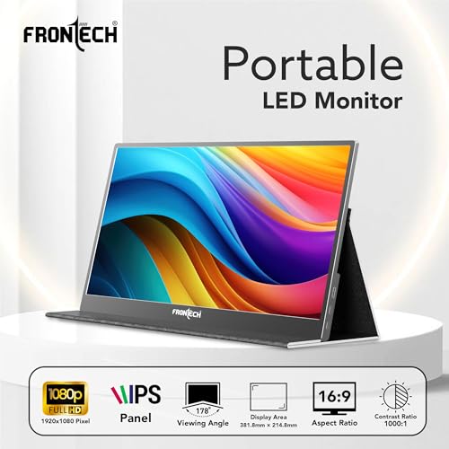 Image of FRONTECH 17.3 inch Portable LED Monitor | Full HD 1920x1080 IPS Display | 60Hz Refresh Rate | Mini HDMI & Dual Type-C Ports | Built-in Speaker | Kickstand Cover | External Laptop Monitor (MON-0084)