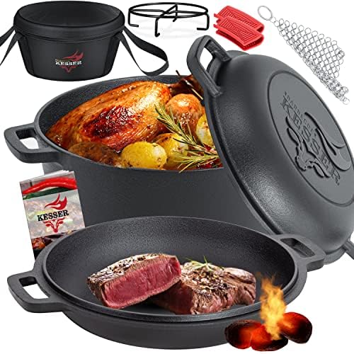 KESSER® Garnek żeliwny typu Dutch Oven 2 w 1, 4,8 l i patelnia, 1,8 l, gotowy do użycia, w zestawie książka kucharska, garnek do duszenia, podwójna funkcja, pokrywa/patelnia do smażenia do kuchni, na kemping, do BBQ,