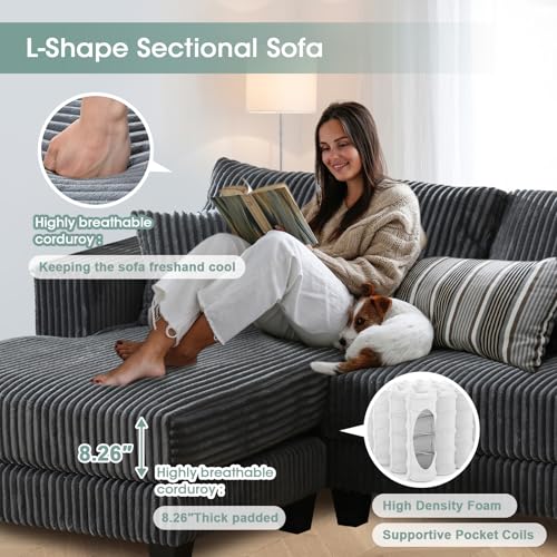 Image of 114.5 inch Corduroy Couch Sectional with Reversible Chaise with 2 Pillows Oversized Couch L Shaped Sofa with Two Armrests Hidden Storage Space Sectional Couches for Living Room Grey