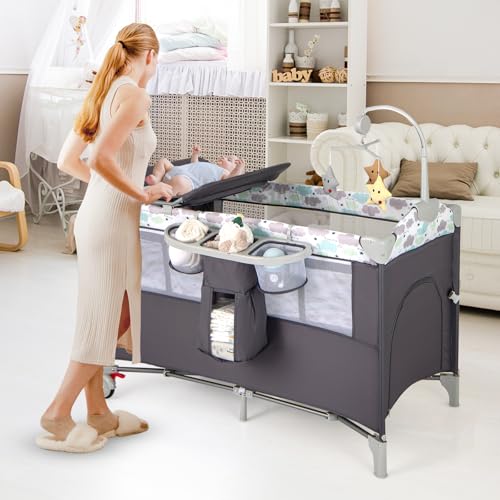 Miniatura 2 de Relax4life 5 En 1 Cuna Infantil Bebe Con 2 Ruedas Bloqueables, Cambiador, Correa Fijación, Caja De Música Y 3 Juguetes Colgantes, Cuna Con Colchón Y Bolsa De Transporte Para Bebés 0-36 Meses Gris