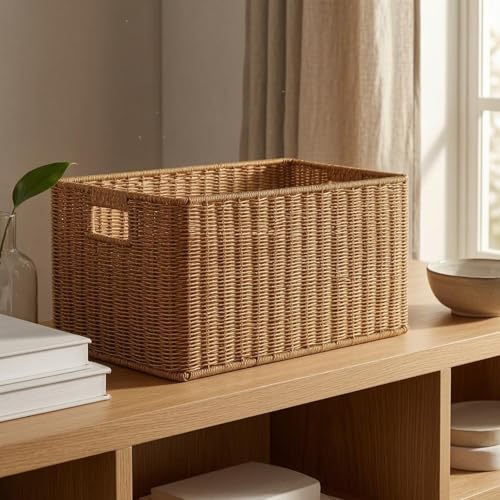 Panier tressé imitation rotin rockible corbeille rangement café clair 42x25x19cm - 4