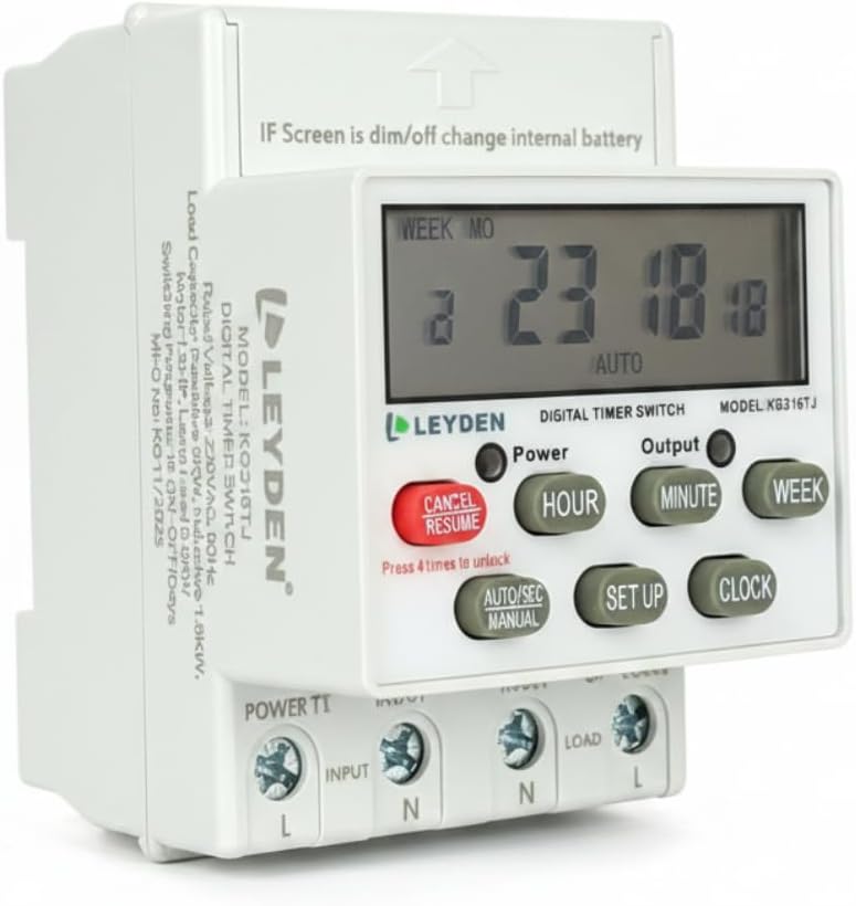 KG316TJ, 30A, 220/230VAC, 50Hz Digital Timer Switch, 24 Program Per Day, Manual Start ON-Off Delay & Cyclic Timer Switch for Light, Fogger, Bell, Waterpump | Min 1-Sec Interval