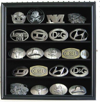 DisplayGifts 3" Belt Buckle Display Case Wall Shadow Box Cabinet Glass Door BCLC01-BLA Small Black