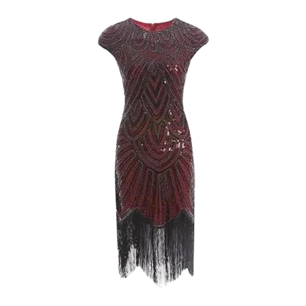 Vestido vintage de verano para mujer, cuello redondo, manga casquillo, flecos y lentejuelas, vestido midi de fiesta
