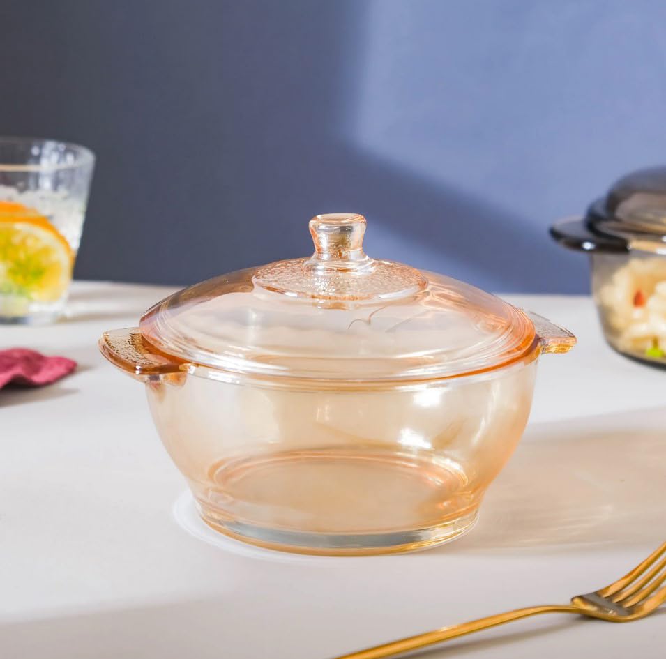 Image of Brown Glass Casserole Deep Round 1000 ML - Oven and Microwave Safe Serving Bowl with Glass Lid (3 Pc, Brown - B)