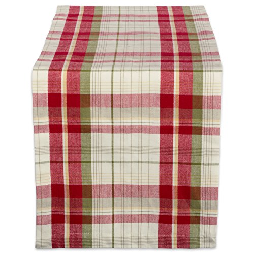 DII Orchard Plaid Collection Linen Tabletop Essentials, Table Runner, 14x108, Taupe/Red