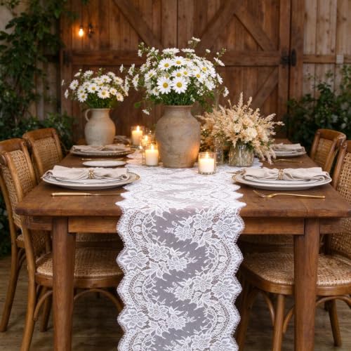 White Lace Table Runner 2 Pack 12x120 inch Boho Runner for Wedding Decor | Soft Lace Fabric, Sheer & Floral, Rustic Style White Table Runners for Party, Wedding Arch, Chair Sash, Dessert Table