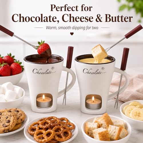 DECHOUS 2 Pack Fondue Mugs, Ceramic Chocolate Melting Cups with 2 Forks, Personal Fondue Mugs Set for Chocolate, Cheese, Butter, Ideal for Date Night, Birthday, Parties, Wedding Gift by DECHOUS - Image 2