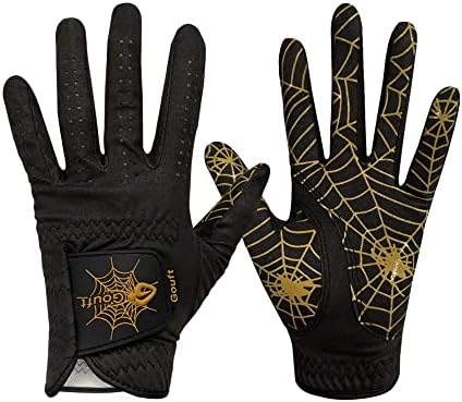GOuft Spiderweb-Design Golf Glove Black Edition (for Men & Women) - Durable Suede: All Weather Golf Glove, Good Grip, Feel Soft/Comfort, and Long Lasting: Washable Glove (Gold/Black, 23, Left-Hand)