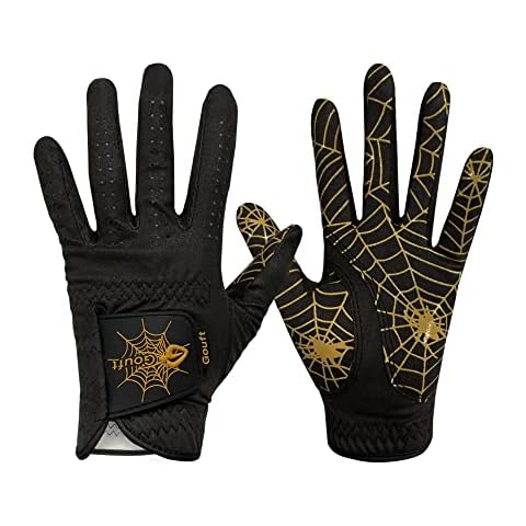 GOuft Spiderweb-Design Golf Glove Black Edition (for Men & Women) - Durable Suede: All Weather Golf Glove, Good Grip, Feel Soft/Comfort, and Long Lasting: Washable Glove (Gold/Black, 18, Pair) Cover
