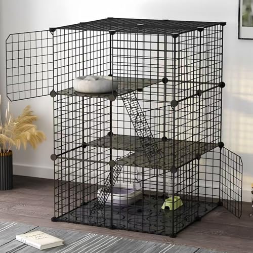 AUTO HIGH Jaula para Gatos Interior, Caja de Alambre de Metal Desmontable 70 x 70 x 105 cm para 1-2 Gatos, 3 Niveles con 3 Puertas, 2 escaleras, 1 Hamaca y tragaluz, Color Negro