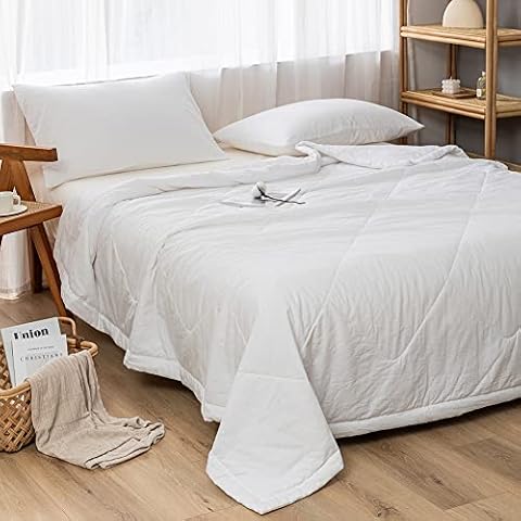 NTCOCO Comforter Set Thin Quilt Summer Lightweight Comforter,100% Washed Cotton,Machine Washable,Soft Comfy Breathable Can Sleep Naked (Bright White, Twin) Cover