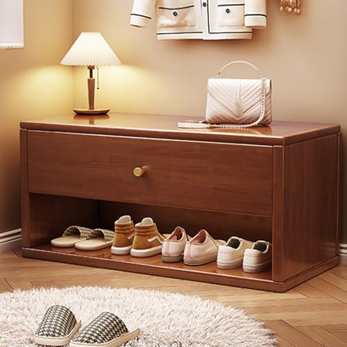 MYUYEE Solid Wood Shoe Rack Bench With Drawer Grey 60Cm/23.6In Multi Functional Shoe Storage Bench For Entryway And Bedroom(Walnut Color-100Cm/39.3In)