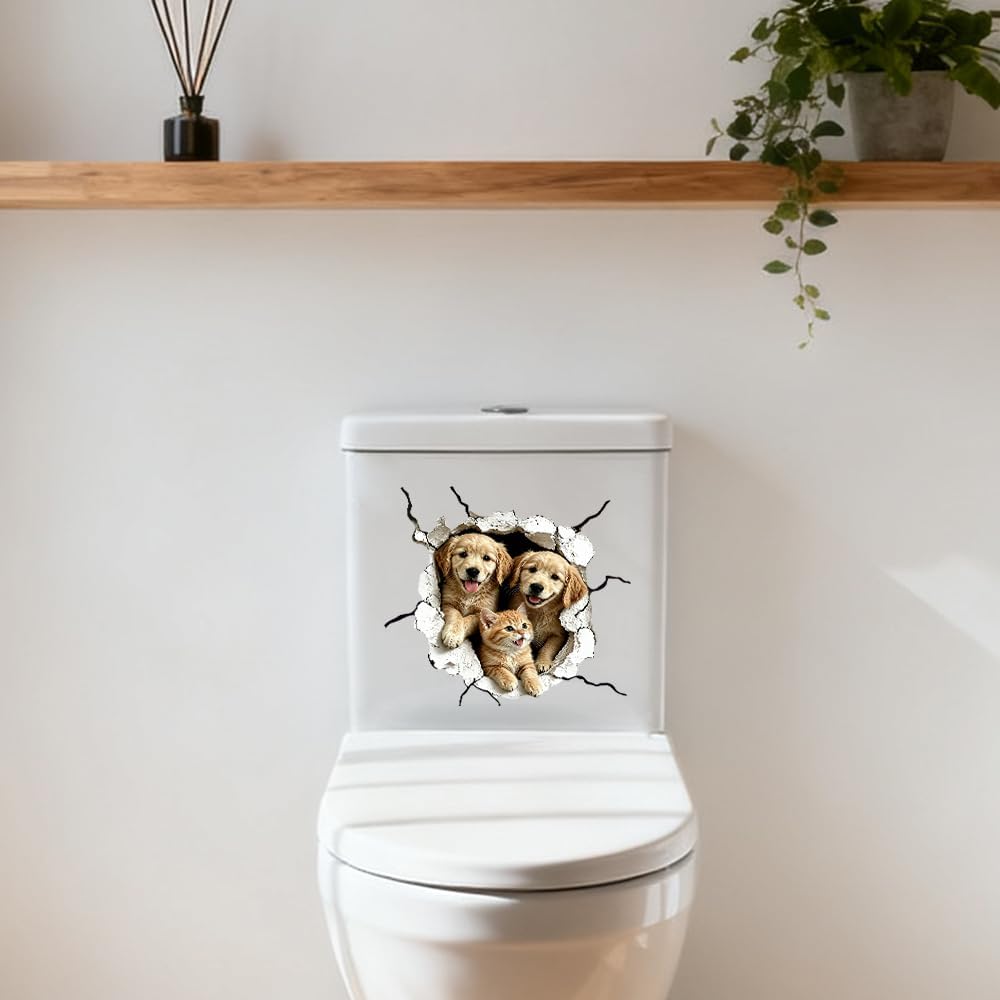 3D Crack Hole Animal Toilet Lid Stickers, Cat Dog Break Wall Decals, Funny Pet Bathroom Toilet Seat Stickers for Restroom Home Toilet Cover Decorations (Dog Cat)