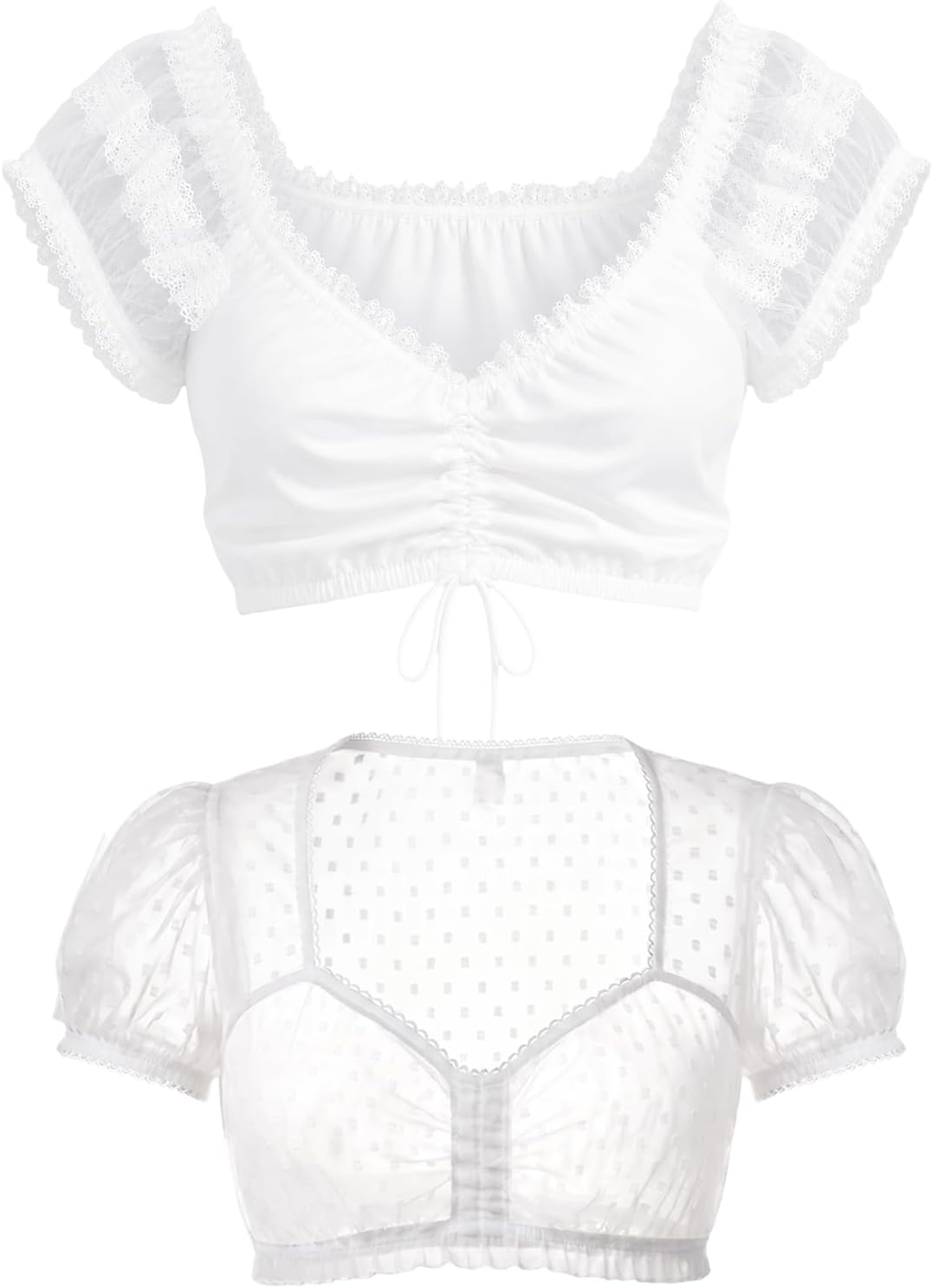 2 Piece Dirndl Blouse Women White Lace Crop Top Oktoberfest Costume | Elegant Lace Cotton Blend,Short Cap Sleeves Sheer Crop, 2Piece Blouse Set, German Beer Festival Women Outfit