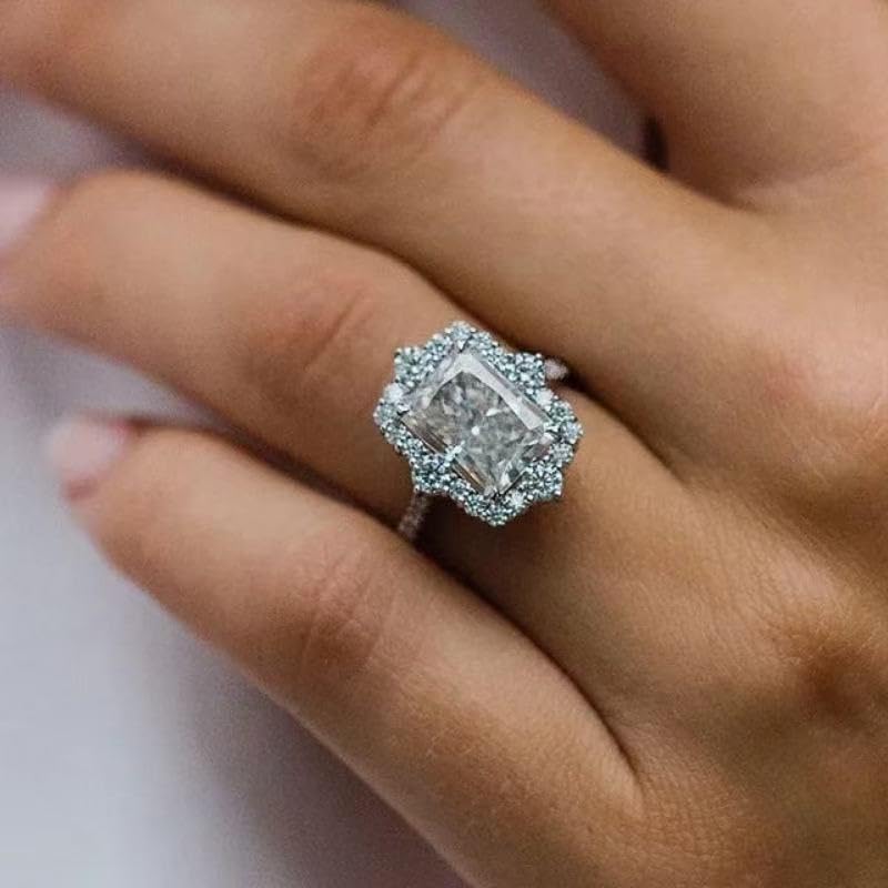 ENDLESSNESS & ETERNITY Half Eternity Emerald Cut Band Ring 14K White Gold Plated CZ Cubic Zirconia Engagement Ring - Image 4