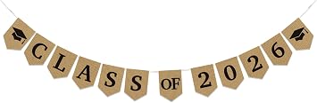 Class of 2026 Graduation Banner, Pre-Strung Grad Party Banner with Graduate Cap Design, 5.2x7 Inch Jute Pennants for 2026 Graduation Party Decor, High School College University Decorations