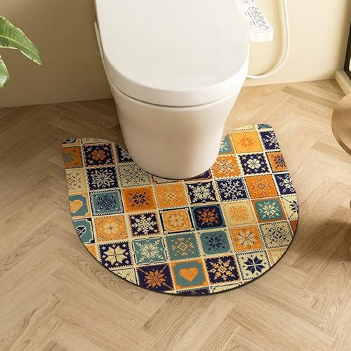PEIHUODAN Tapis Toilette WC Contour Diatomite, Retro Ethno Style Bohème Blumen Drucke, Antidérapant, Super Absorbant Et Séchage Rapide Tapis De Salle De...