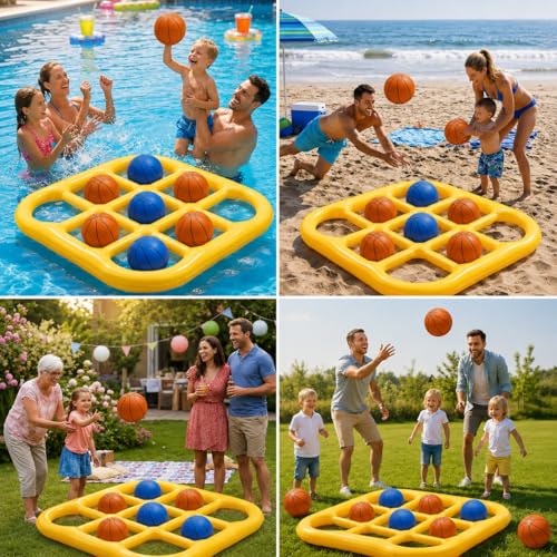 HOER 2-in-1 Inflatable Pool Tic Tac Toe Game with Basketball Toss Balls, Giant Floating Grid Water Toys with Ropes & Sandbags, Pool Toys Beach Toys, 2-10 Players Summer Pool Party Game (Yellow) by HOER - Used condition - Image 4