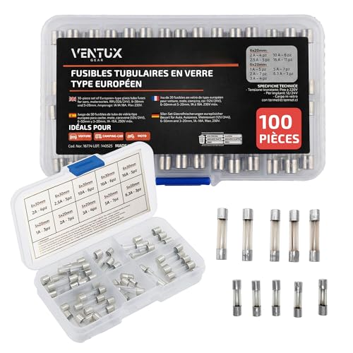 Fusibles en verre 100 pièces 6 × 30 mm et 5 × 20 mm type européen 12 V–24 V