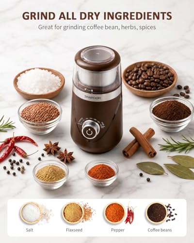Image of SHARDOR Electric Super Silent Blade Coffee Grinder, Timed Grind Control Rotary Knob, Adjustable Coarse to Fine for Coffee Beans, Spices & Herbs, with 2 Removable Stainless Steel Bowl, Brown