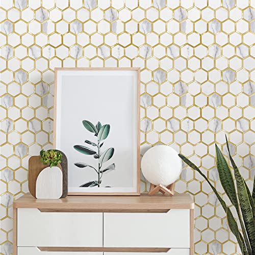 Stickgoo Hexagon Peel And Stick Backsplash Tile, Stick On Backsplash For Kitchen And Bathroom, White Marble Look Pvc Mixed Metal Gold Self Adhesive Metal Mosaic Tiles(10 Sheets, Seamless) #TOP2
