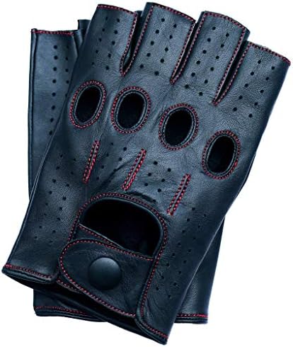 Riparo Motorsports Men's Fingerless Half Finger Driving Fitness Motorcycle Cycling Unlined Leather Gloves (XX-Large, Black/Red Thread)