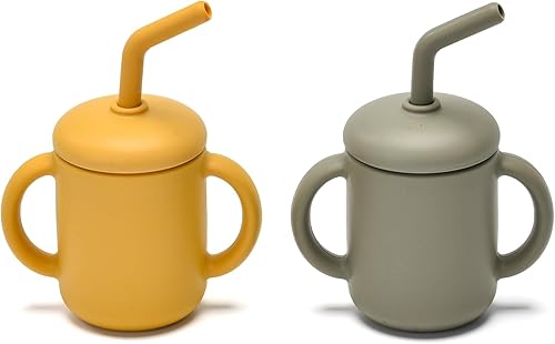 Miniatura 8 de Paquete de 2 tazas para beber 100% silicona para bebé, taza pequeña de entrenamiento de silicona con asas y popote para bebés y niños pequeños Gris,