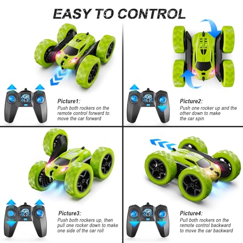 QUNREDA Remote Control Car for Kids Ages 6+, RC Cars Stunt Car Toy 4WD Double Sided 360° Rotating Remote Control with Headlights, Birthday Xmas Gifts for Boys 6 7 8 9 10 11 12 Green - Image 6