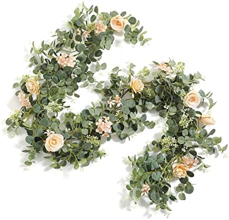 Serra Flora 6FT Artificial Flowers Eucalyptus Garland with Roses Flower Vine Greenery Garland Hanging Plant for Wedding Party Arch Table Arrangement Indoor Outdoor Backdrop Wall Decor (Champagne)