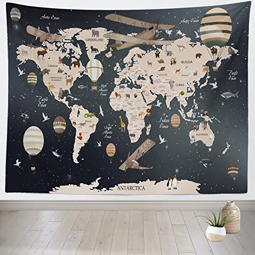 Beleco Kids World Map Tapestry Wall Hanging Cartoon Animals Map Tapestries 60X50 Inch Vintage Aircrafts Hot Air Balloons World Travel Tapestry For Baby Children's Bedroom Living Room Dorm Decor #TOP1