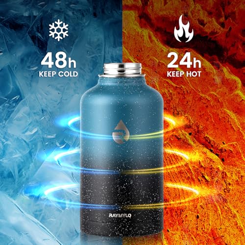Image of RAYMYLO Insulated Water Bottle 64 oz, Triple Wall Vacuum Stainless Steel (Cold for 48 Hrs), Leak Proof & Non-BPA, Half Gallon Water Flask Jug with Paracord Handle & Straw Spout Lids