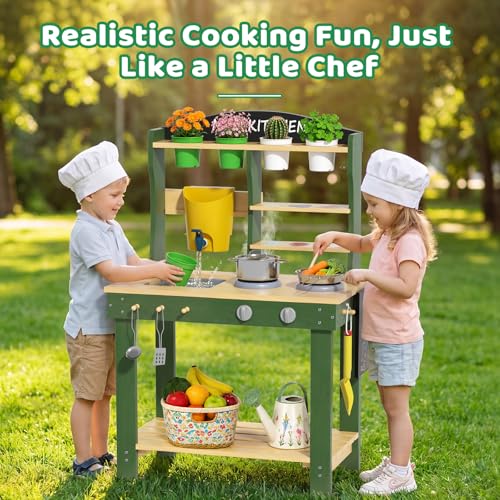 Babytronic Mud Kitchen, Wooden Outdoor Kitchen for Kids Age 3+, Play Kitchen Set with 19 Accessories, Play Sink with Running Water, Stove, Mud Table for Sensory Fun, Cooking, Planting, Toddler Gift by Babytronic - Image 4