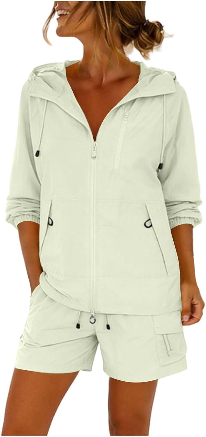 2 Piece Outfits Long Sleeve Zip Up Jacket Top and Shorts Summer Matching Short Sets Hiking Sun Protection Tracksuits