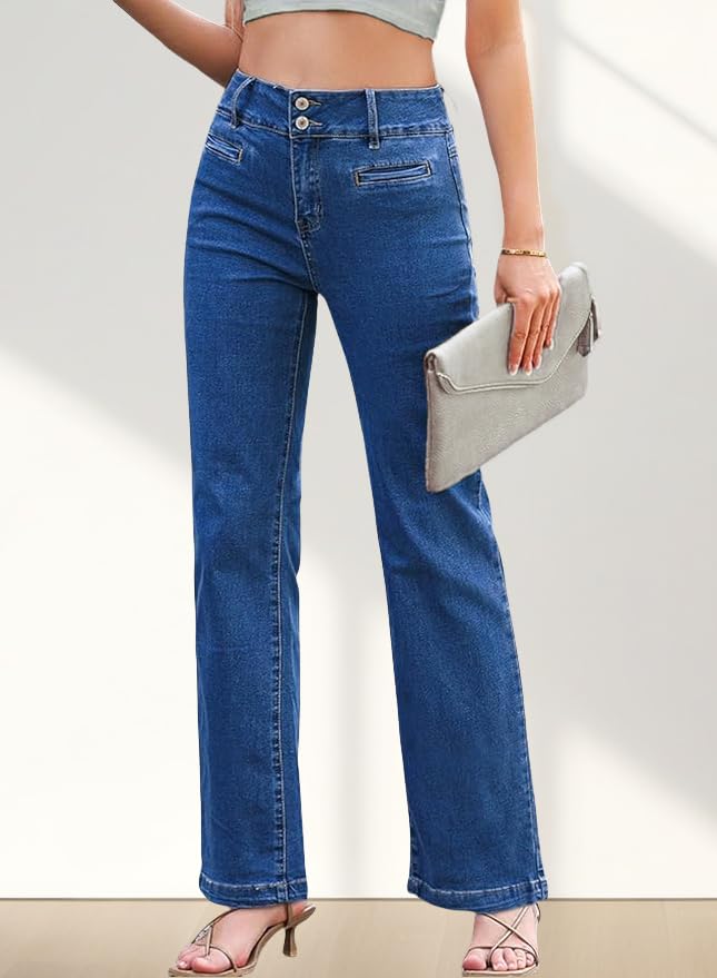 Jeans Damen Weites Bein High Waist Stretch Doppelknopfverschluss Vintage Loose Fit Jeans Weites Bein Denim – Bild 4