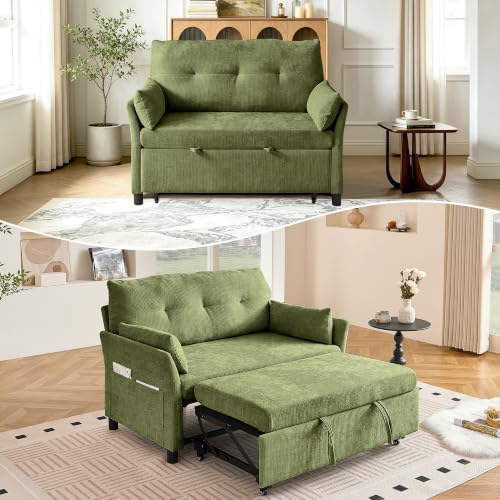 Convertible Sleeper Sofa Bed, 51" Loveseat Pull Out Sleeper Sofa Bed with Adjustable Backrest, Corduroy Love Seat for Living Room Apartment,Green
